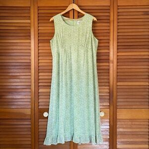 Vintage Kari New York Dress Women's Size 16 Green Y2K Sleeveless Ruffle Hem Midi